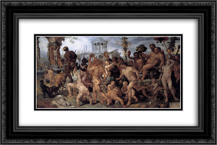 The Triumphal Procession of Bacchus 24x16 Black Ornate Wood Framed Art Print Poster with Double Matting by van Heemskerck, Maerten