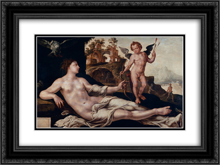 Venus and Amor 24x18 Black Ornate Wood Framed Art Print Poster with Double Matting by van Heemskerck, Maerten