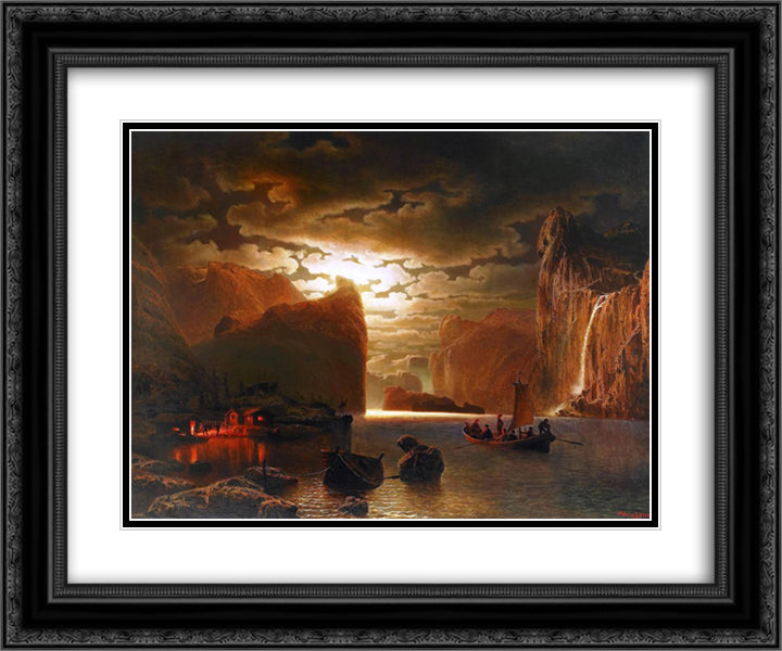 Fishing Near The Fjord By Moonlight 24x20 Black Ornate Wood Framed Art Print Poster with Double Matting by Larson, Marcus