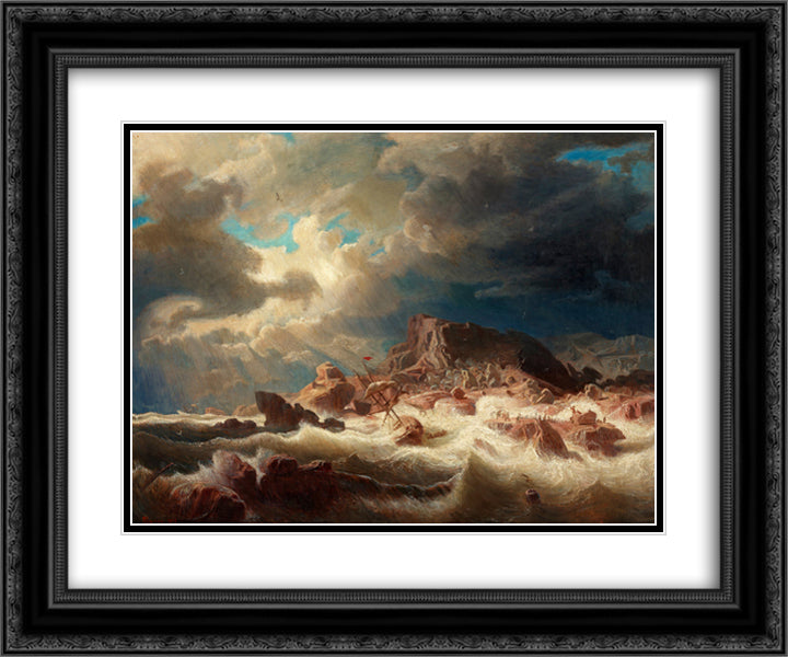 Stormy sea with ship wreck 24x20 Black Ornate Wood Framed Art Print Poster with Double Matting by Larson, Marcus