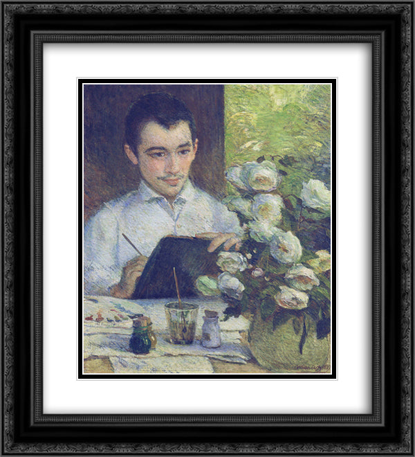 Pierre Bracquemond painting a bouquet of flowers 20x22 Black Ornate Wood Framed Art Print Poster with Double Matting by Bracquemond, Marie