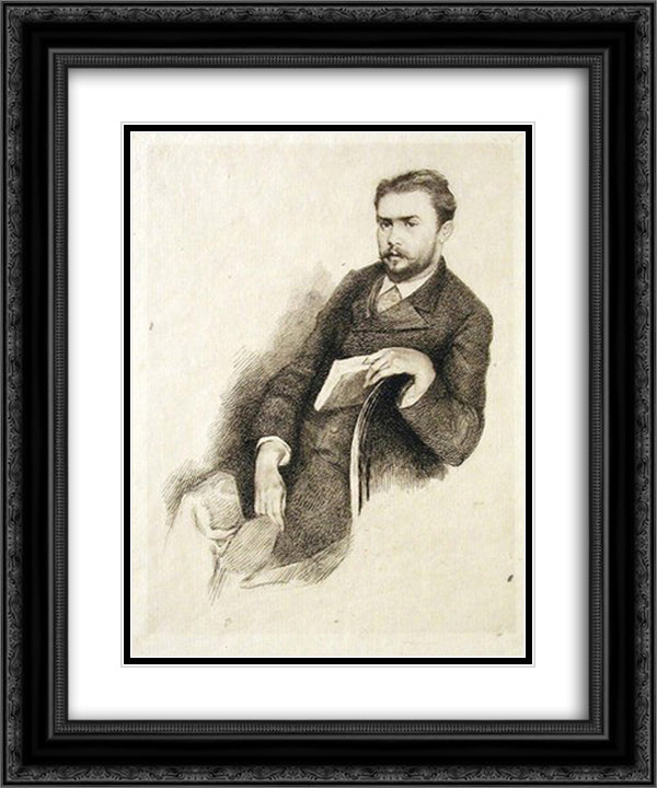 Portrait of Gustave Geffroy 20x24 Black Ornate Wood Framed Art Print Poster with Double Matting by Bracquemond, Marie
