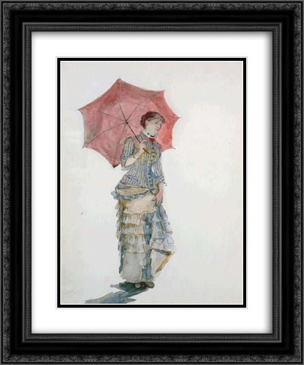 Woman with an Umbrella 20x24 Black Ornate Wood Framed Art Print Poster with Double Matting by Bracquemond, Marie