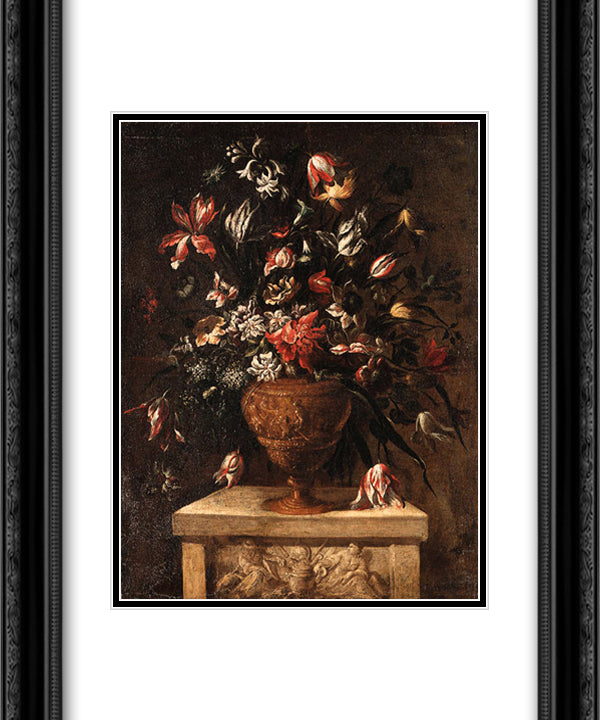 Glowers in a sculpted vase on a stone plinth 20x24 Black Ornate Wood Framed Art Print Poster with Double Matting by Nuzzi, Mario