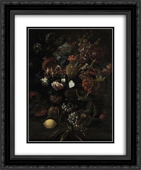 Various flowers in a glass vase with blue grapes, peaches and a lemon, all on a ledge 20x24 Black Ornate Wood Framed Art Print Poster with Double Matting by Nuzzi, Mario