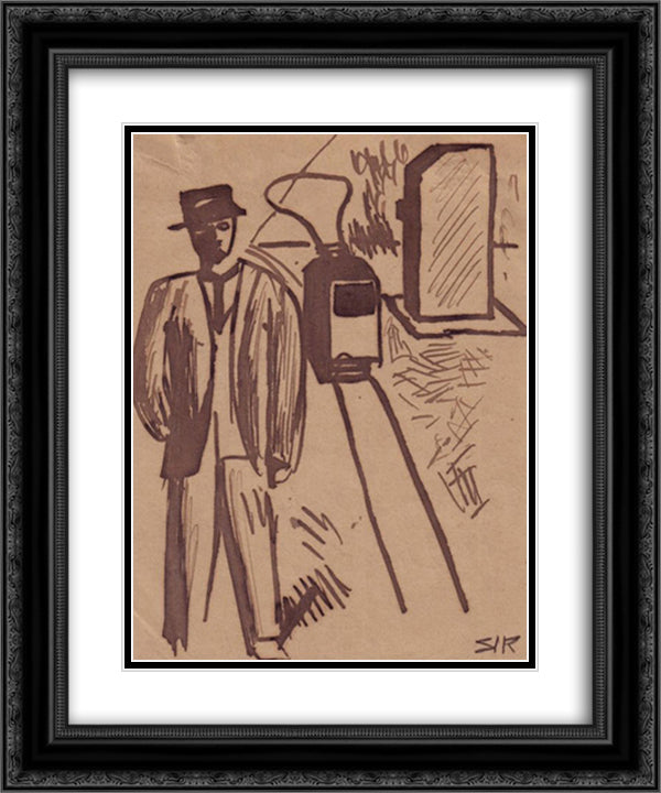 Man and tram 20x24 Black Ornate Wood Framed Art Print Poster with Double Matting by Sironi, Mario
