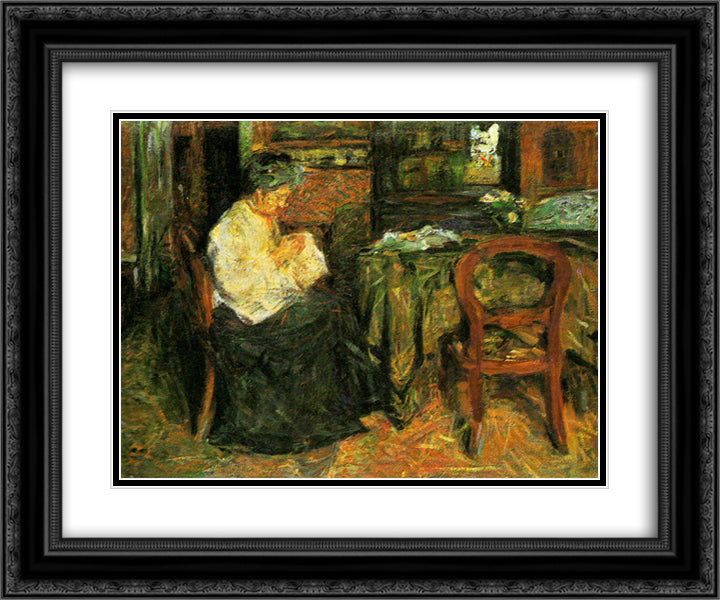 The mother sews 24x20 Black Ornate Wood Framed Art Print Poster with Double Matting by Sironi, Mario