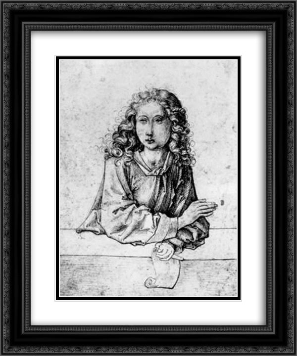 Boy with scroll 20x24 Black Ornate Wood Framed Art Print Poster with Double Matting by Schongauer, Martin