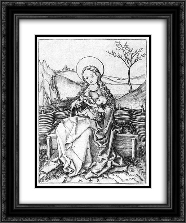 Madonna on the Turf Bench 20x24 Black Ornate Wood Framed Art Print Poster with Double Matting by Schongauer, Martin