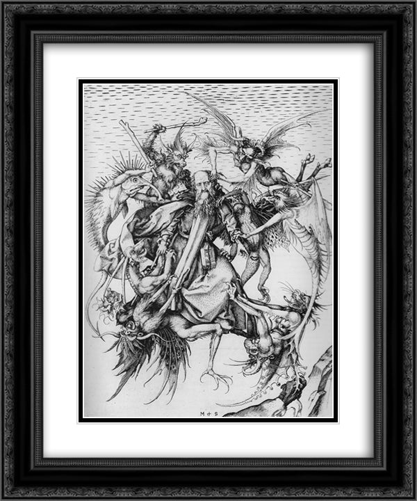 The Temptation of St. Anthony 20x24 Black Ornate Wood Framed Art Print Poster with Double Matting by Schongauer, Martin