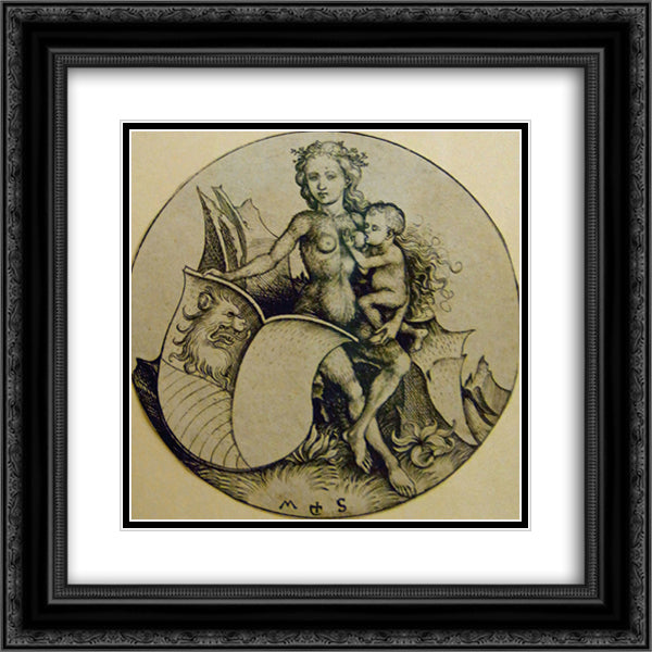Wild woman with shield 20x20 Black Ornate Wood Framed Art Print Poster with Double Matting by Schongauer, Martin