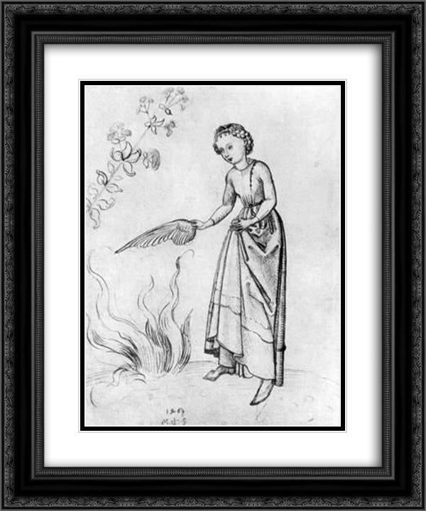 Young Woman Fanning a fire with a bird's wing 20x24 Black Ornate Wood Framed Art Print Poster with Double Matting by Schongauer, Martin