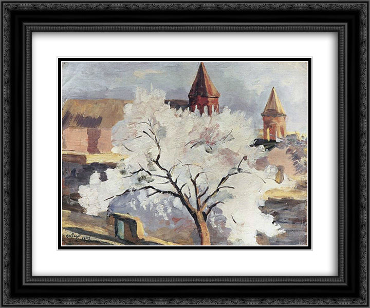 Apricot tree in blossom 24x20 Black Ornate Wood Framed Art Print Poster with Double Matting by Saryan, Martiros