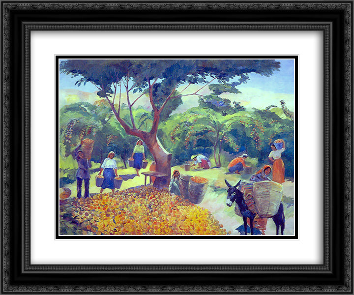 Gathering peaches in the collective farm in Armenia 24x20 Black Ornate Wood Framed Art Print Poster with Double Matting by Saryan, Martiros