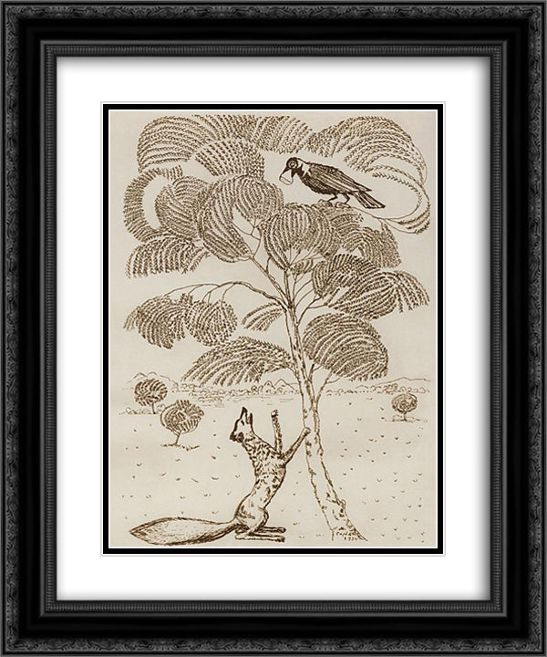 Illustration for the fable 'The Crow and the Fox' 20x24 Black Ornate Wood Framed Art Print Poster with Double Matting by Saryan, Martiros
