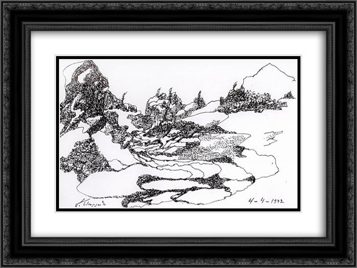 Mountain landscape 24x18 Black Ornate Wood Framed Art Print Poster with Double Matting by Saryan, Martiros