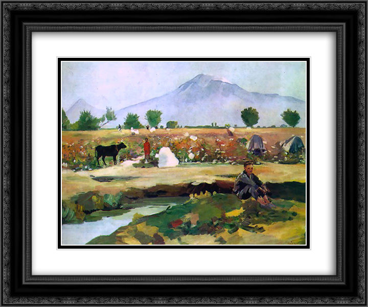 Picking cotton in the Ararat valley 24x20 Black Ornate Wood Framed Art Print Poster with Double Matting by Saryan, Martiros
