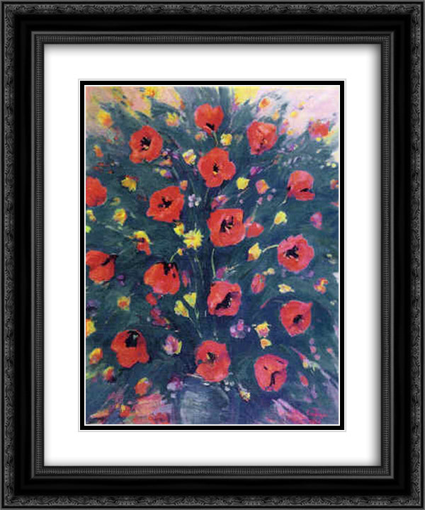 Still Life with Poppies 20x24 Black Ornate Wood Framed Art Print Poster with Double Matting by Saryan, Martiros