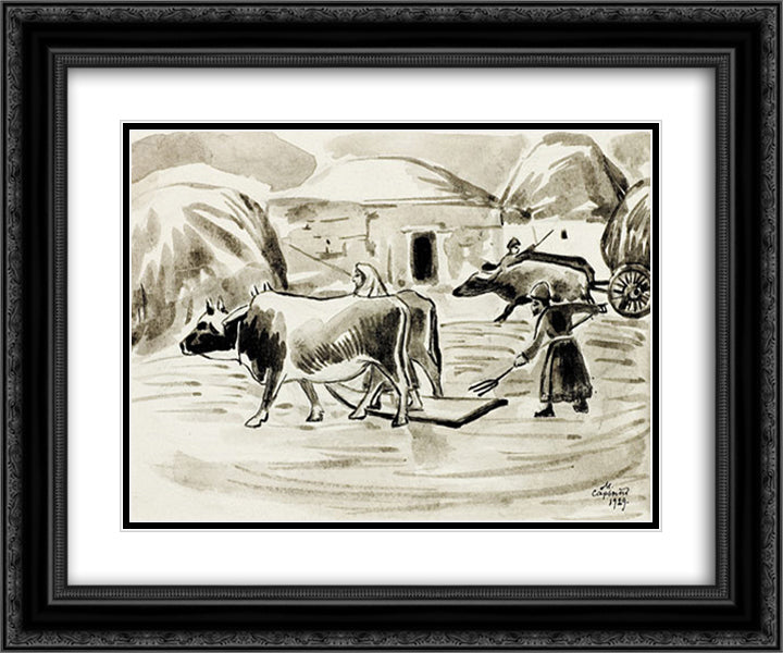 Threshing grain 24x20 Black Ornate Wood Framed Art Print Poster with Double Matting by Saryan, Martiros