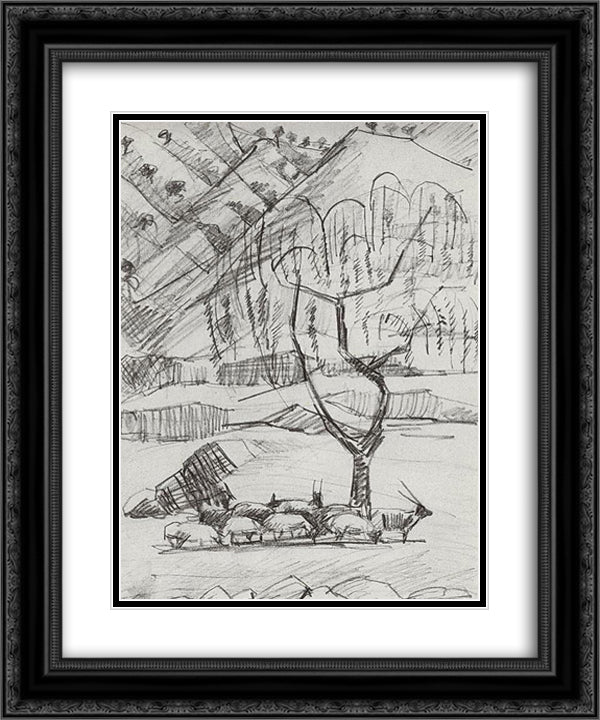 Willow tree and herd 20x24 Black Ornate Wood Framed Art Print Poster with Double Matting by Saryan, Martiros
