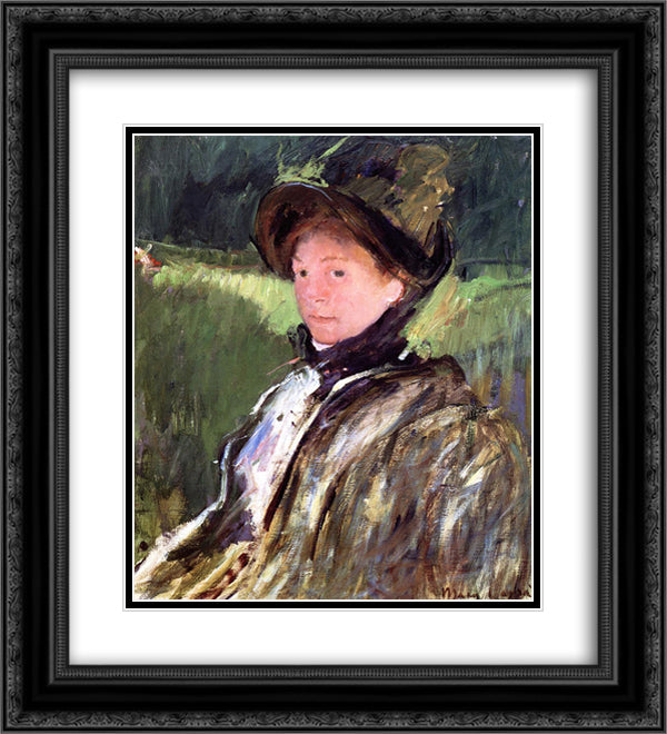Lydia Cassatt in a Green Bonnet and a Coat 20x22 Black Ornate Wood Framed Art Print Poster with Double Matting by Cassatt, Mary