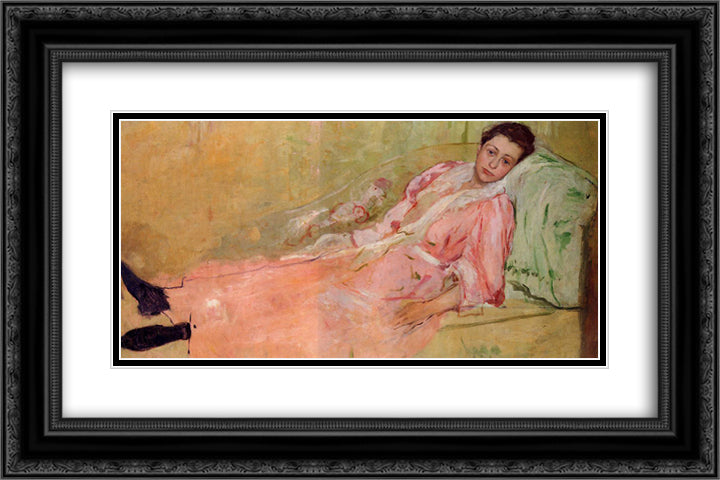 Lydia Reading on a Divan 24x16 Black Ornate Wood Framed Art Print Poster with Double Matting by Cassatt, Mary