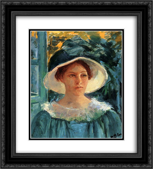 Young Woman In Green Outdoors In The Sun 20x22 Black Ornate Wood Framed Art Print Poster with Double Matting by Cassatt, Mary