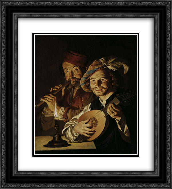 The Lutenist and Flautist 20x22 Black Ornate Wood Framed Art Print Poster with Double Matting by Stom, Matthias