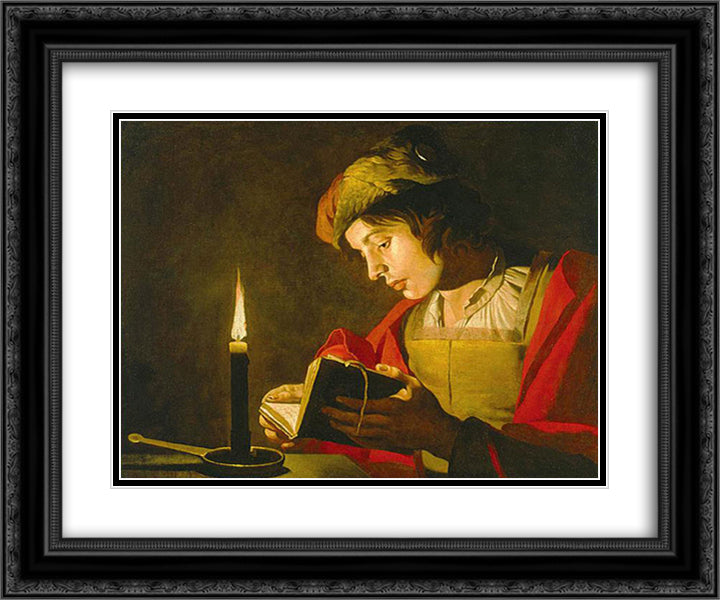 Young Man Reading by Candle Light 24x20 Black Ornate Wood Framed Art Print Poster with Double Matting by Stom, Matthias