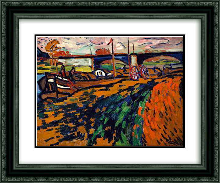 Barges in Chatou 24x20 Black Ornate Wood Framed Art Print Poster with Double Matting by Vlaminck, Maurice
