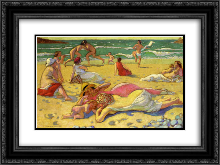 Games in the Sand (also known as Beach with Fighters) 24x18 Black Ornate Wood Framed Art Print Poster with Double Matting by Denis, Maurice