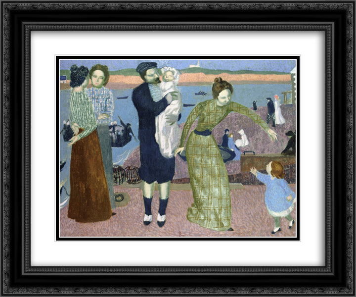 Parisians at the Seaside, Evening 24x20 Black Ornate Wood Framed Art Print Poster with Double Matting by Denis, Maurice