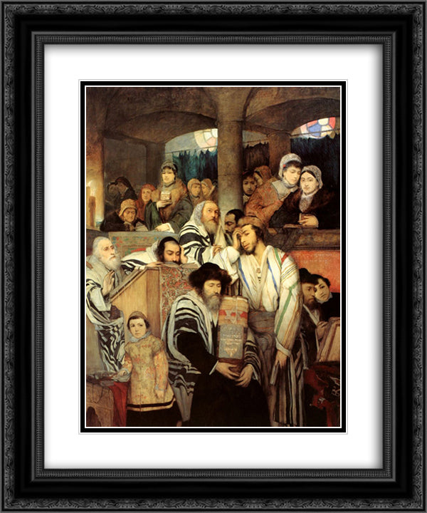 Jews Praying in the Synagogue on Yom Kippur 20x24 Black Ornate Wood Framed Art Print Poster with Double Matting by Gottlieb, Maurycy