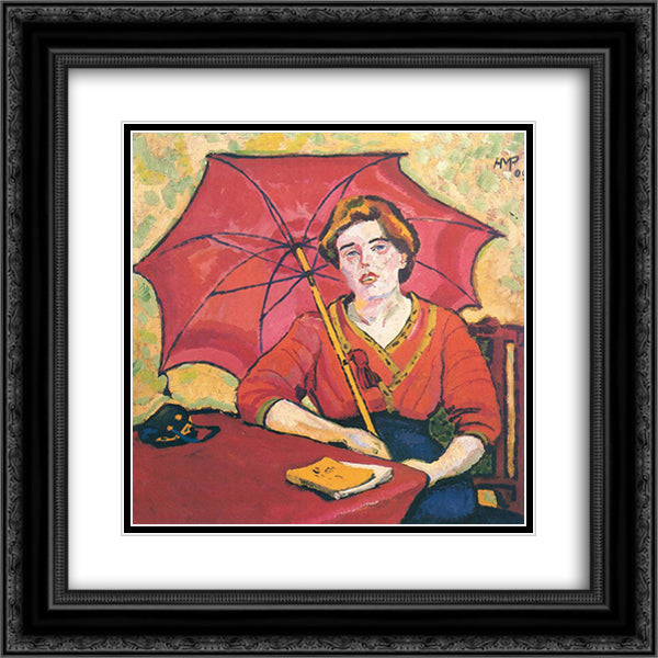 Girl in Red with a Parasol 20x20 Black Ornate Wood Framed Art Print Poster with Double Matting by Pechstein, Max
