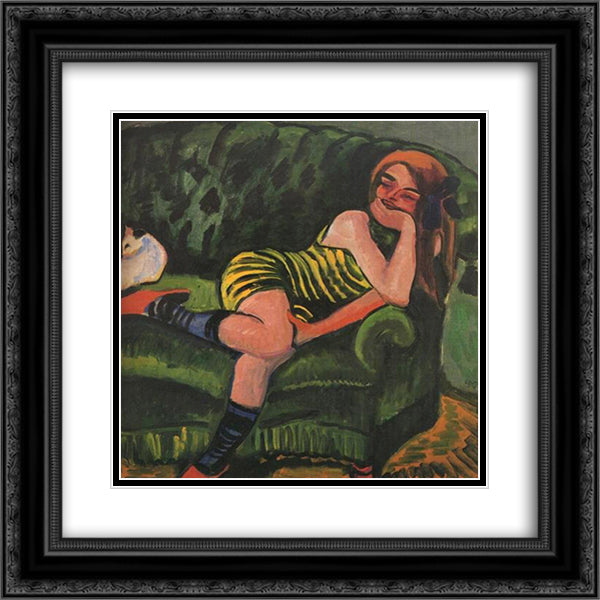 Girl on a Green Sofa with a Cat 20x20 Black Ornate Wood Framed Art Print Poster with Double Matting by Pechstein, Max