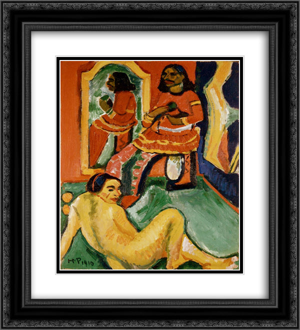 Indian and Woman 20x22 Black Ornate Wood Framed Art Print Poster with Double Matting by Pechstein, Max