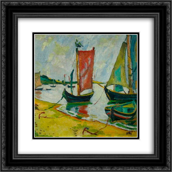 Nidden Coastline with Fishing Boats 20x20 Black Ornate Wood Framed Art Print Poster with Double Matting by Pechstein, Max