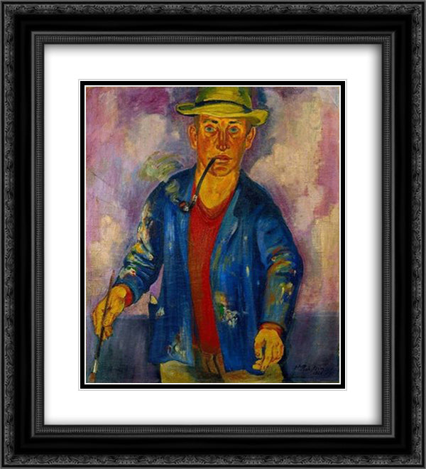Selbstpotrat mit Pinsel und Pfeife 20x22 Black Ornate Wood Framed Art Print Poster with Double Matting by Pechstein, Max