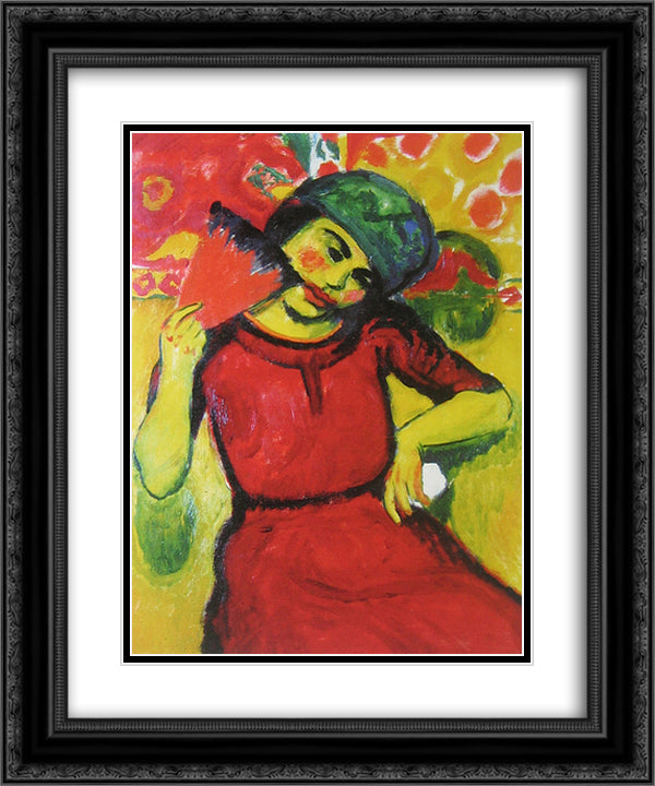 Young Woman with a Red Fan 20x24 Black Ornate Wood Framed Art Print Poster with Double Matting by Pechstein, Max