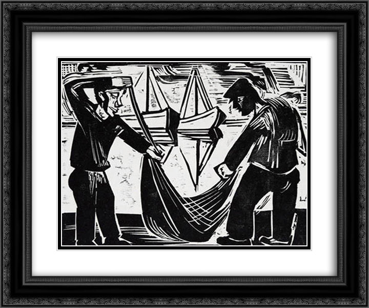 Zwei Fischer mit Netz 24x20 Black Ornate Wood Framed Art Print Poster with Double Matting by Pechstein, Max