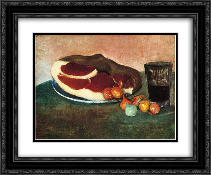 Still Life with Ham 24x20 Black Ornate Wood Framed Art Print Poster with Double Matting by Haan, Meijer de