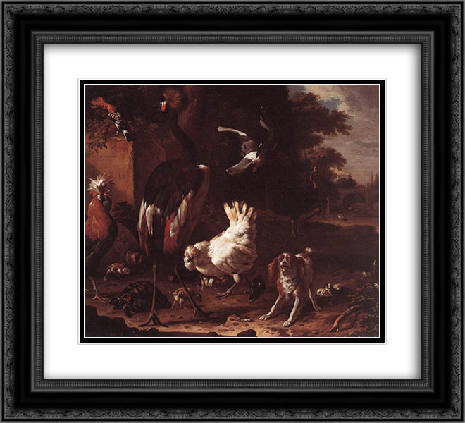 Birds and a Spaniel in a Garden 22x20 Black Ornate Wood Framed Art Print Poster with Double Matting by Hondecoeter, Melchior de
