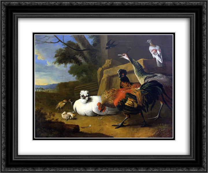 The poultry yard 24x20 Black Ornate Wood Framed Art Print Poster with Double Matting by Hondecoeter, Melchior de