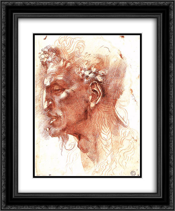 Satyr's Head 20x24 Black Ornate Wood Framed Art Print Poster with Double Matting by Michelangelo