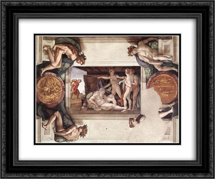 Sistine Chapel Ceiling Drunkenness of Noah 24x20 Black Ornate Wood Framed Art Print Poster with Double Matting by Michelangelo