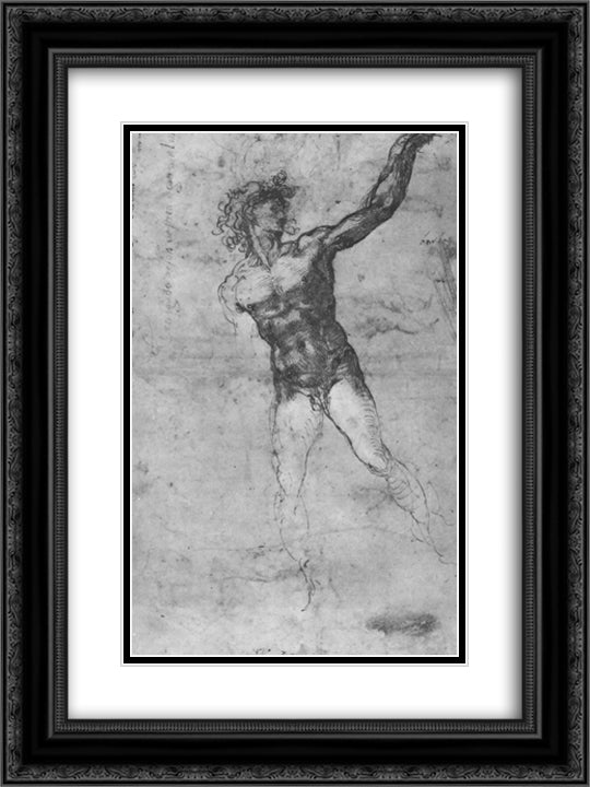 Sketch of a Nude Man (study for the Battle of Cascina) 18x24 Black Ornate Wood Framed Art Print Poster with Double Matting by Michelangelo
