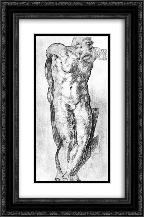 Study of a Nude Man 16x24 Black Ornate Wood Framed Art Print Poster with Double Matting by Michelangelo