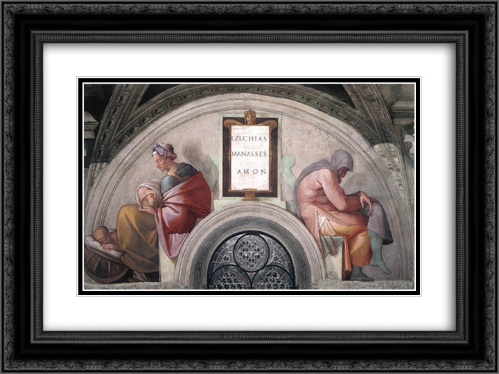 The Ancestors of Christ Manasseh, Amon 24x18 Black Ornate Wood Framed Art Print Poster with Double Matting by Michelangelo