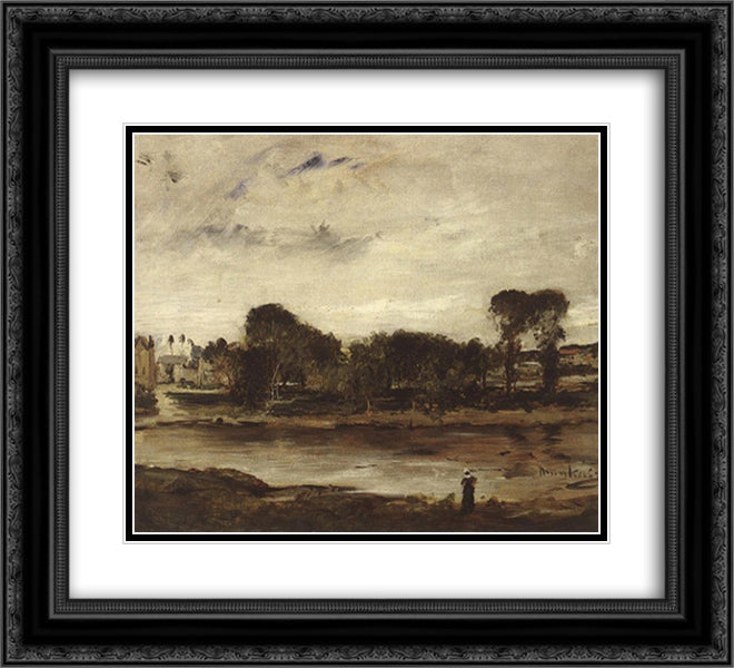 Landscape with River 22x20 Black Ornate Wood Framed Art Print Poster with Double Matting by Munkacsy, Mihaly
