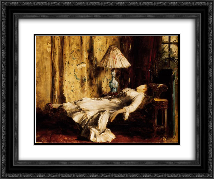 Relaxing Lady 24x20 Black Ornate Wood Framed Art Print Poster with Double Matting by Munkacsy, Mihaly